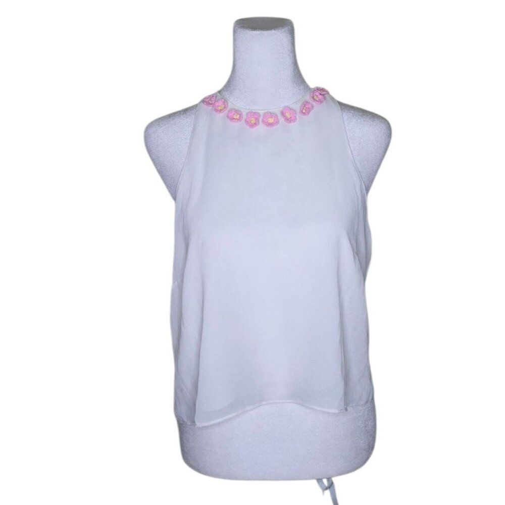 Chandelier Sleeveless Sheer Embroidered Flower Neckline Top Womens Size M White